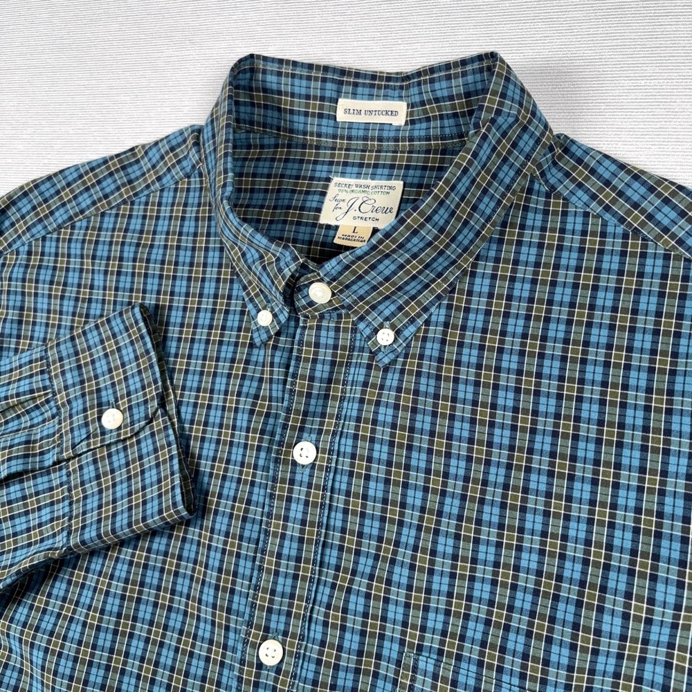 J Crew Secret Wash Slim Untucked Shirt Mens Size L Blue Green Long Sleeve Button